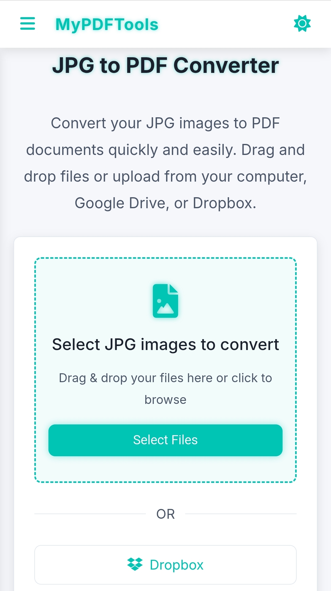 Screenshot of JPG to PDF converter tool on MyPDFTools